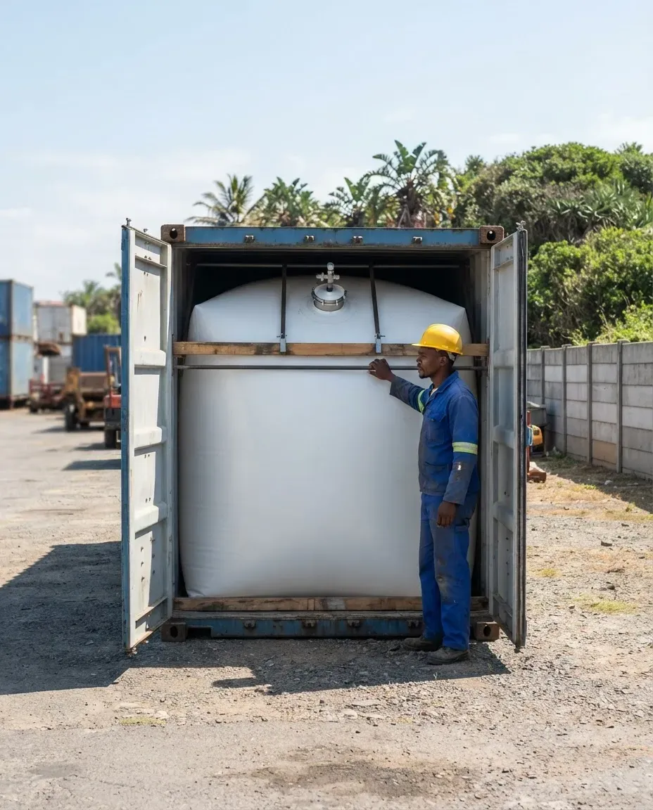 Worker checking a fitted flexi tank inside a container in a coastal yard