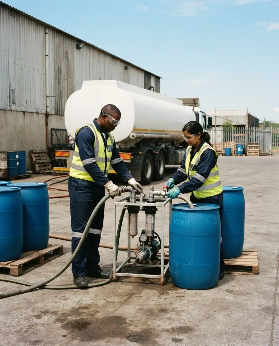 Two workers pumping and filtering chemicals from a tanker into IBCs