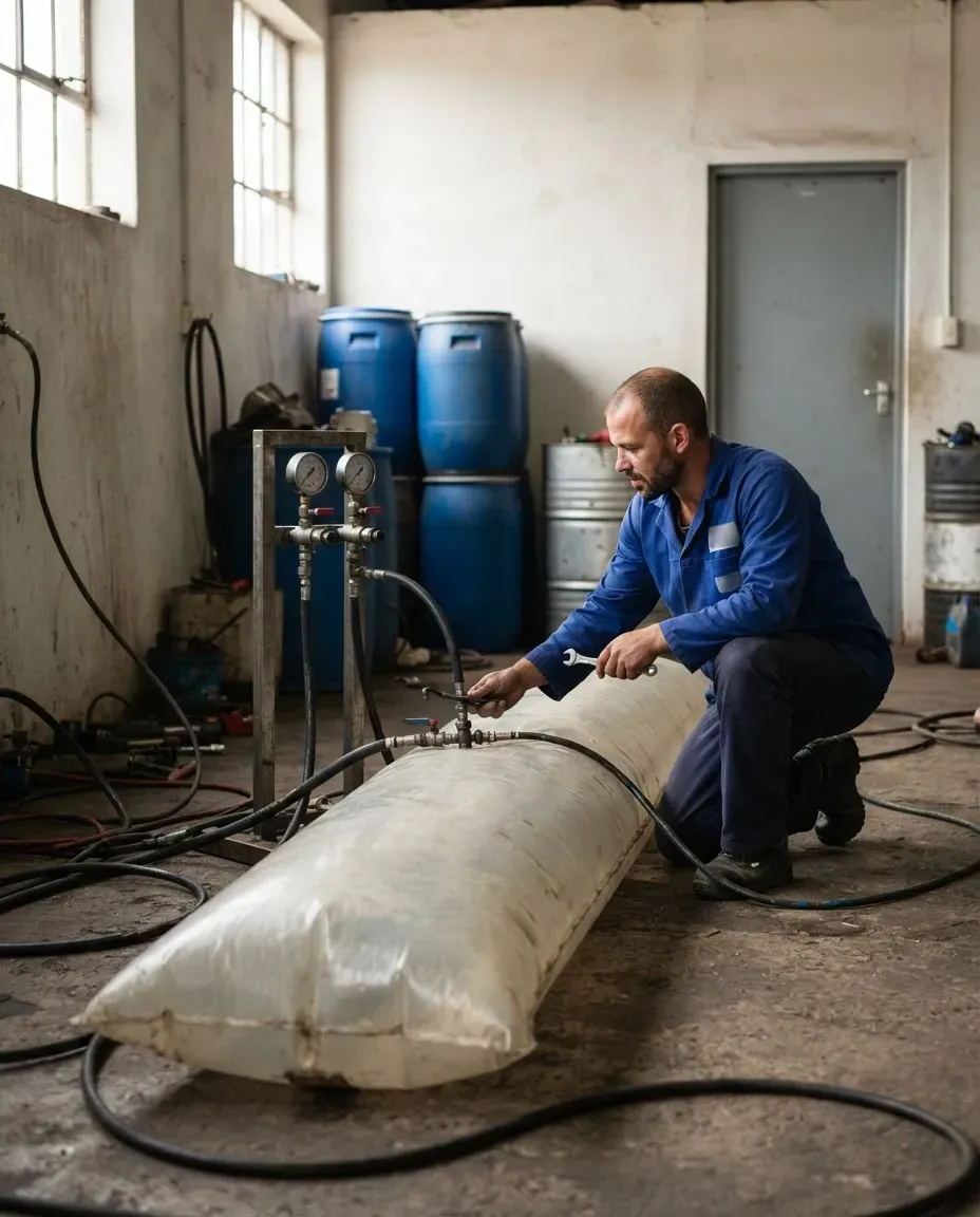Technician pressure-testing a flexi tank liner in a workshop